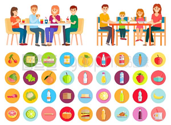 在家里吃飯的家庭。兩張照片,健康的家庭食品和不健康的垃圾食品。母親和父親,女兒和兒子一起吃飯。單獨(dú)的產(chǎn)品圖標(biāo)。平面的矢量插圖。家庭吃垃圾食品和健康食品,產(chǎn)品圖標(biāo)